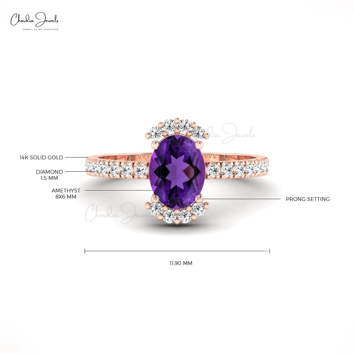 Prong-Set Oval Shaped Amethyst Engagement Ring with Diamond Half Halo