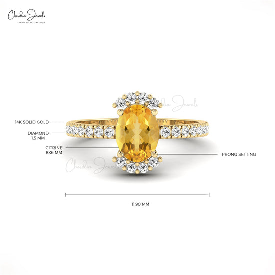 Oval Shaped Citrine 14k Gold Crafted Diamond Accent Ring For Engagement