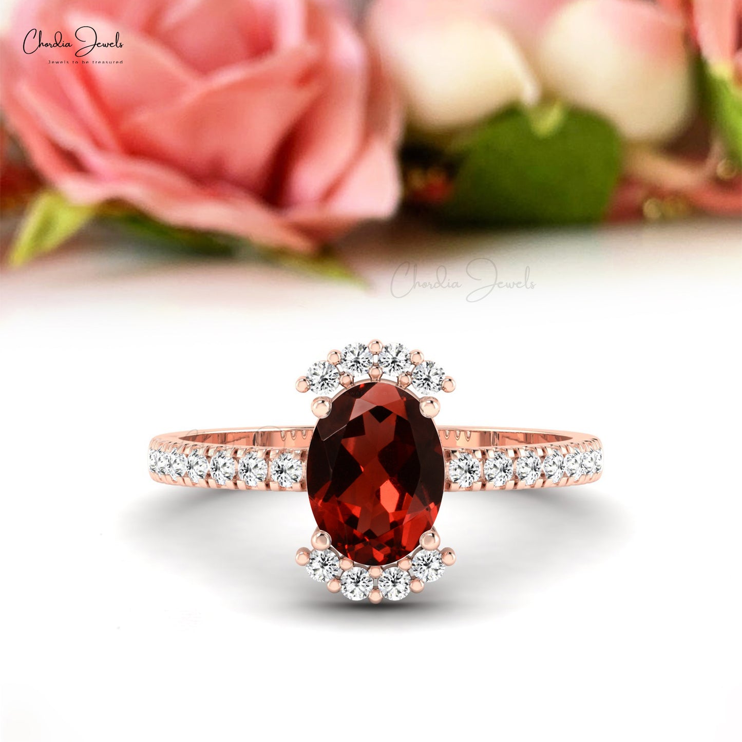 Half Halo Gemstone Ring In 14k Solid Gold Garnet And G-H Diamond Promise Ring