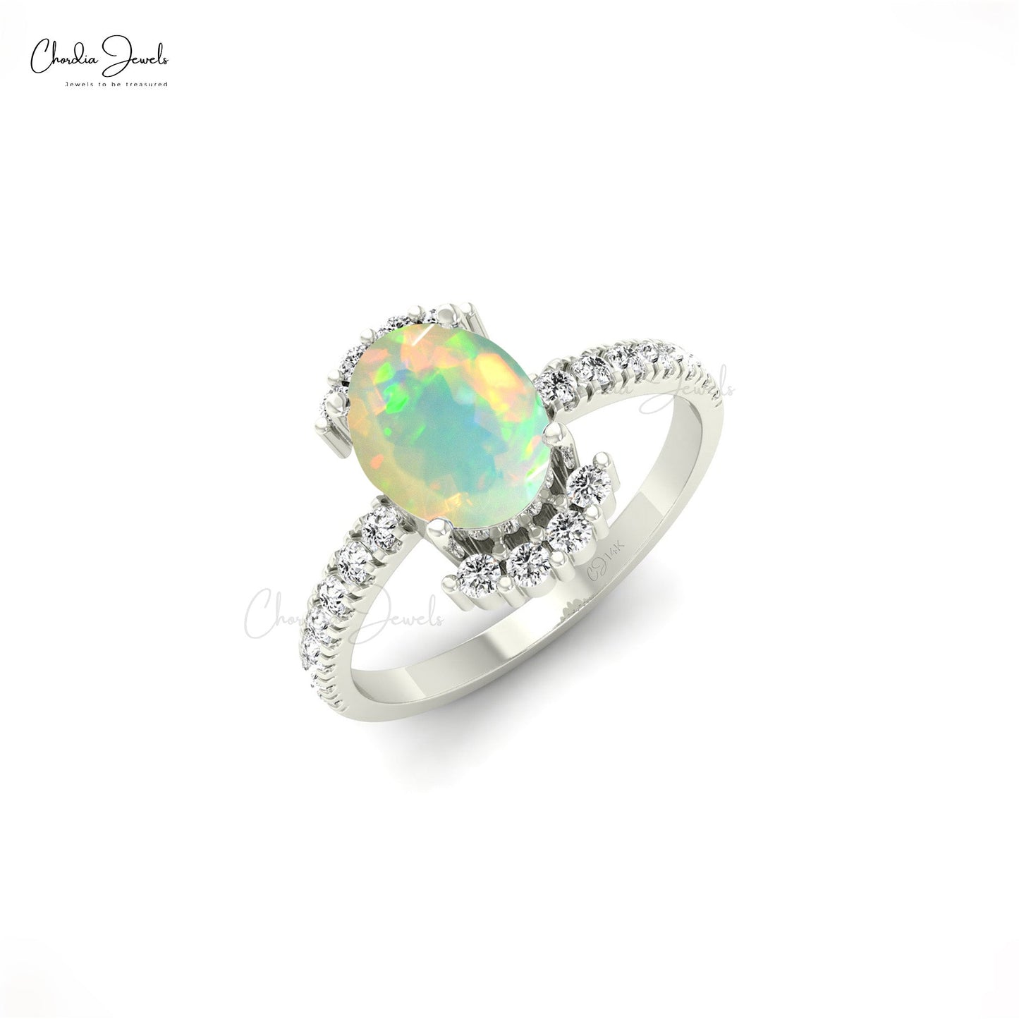 Authentic Fire Opal Solitaire Diamond Accent Side Stone Engagement Ring For Women