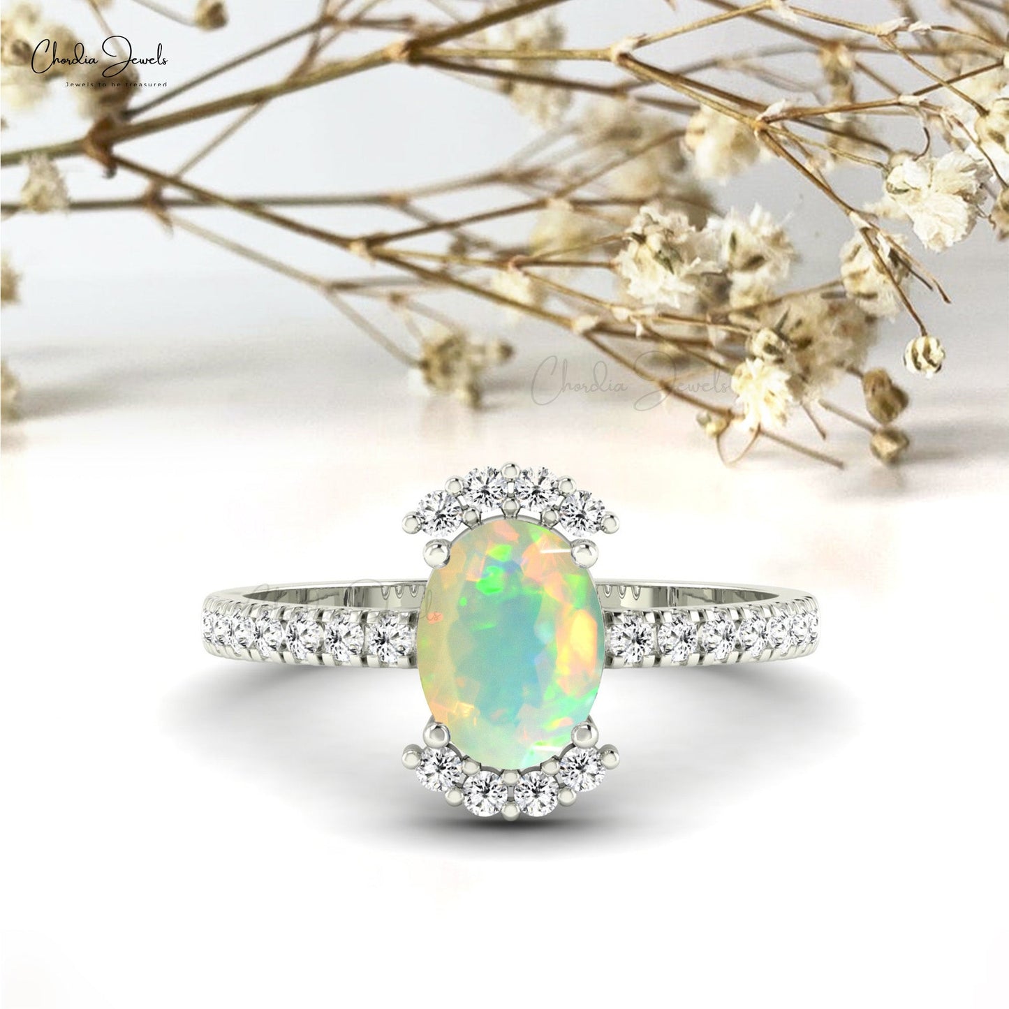 Authentic Fire Opal Solitaire Diamond Accent Side Stone Engagement Ring For Women