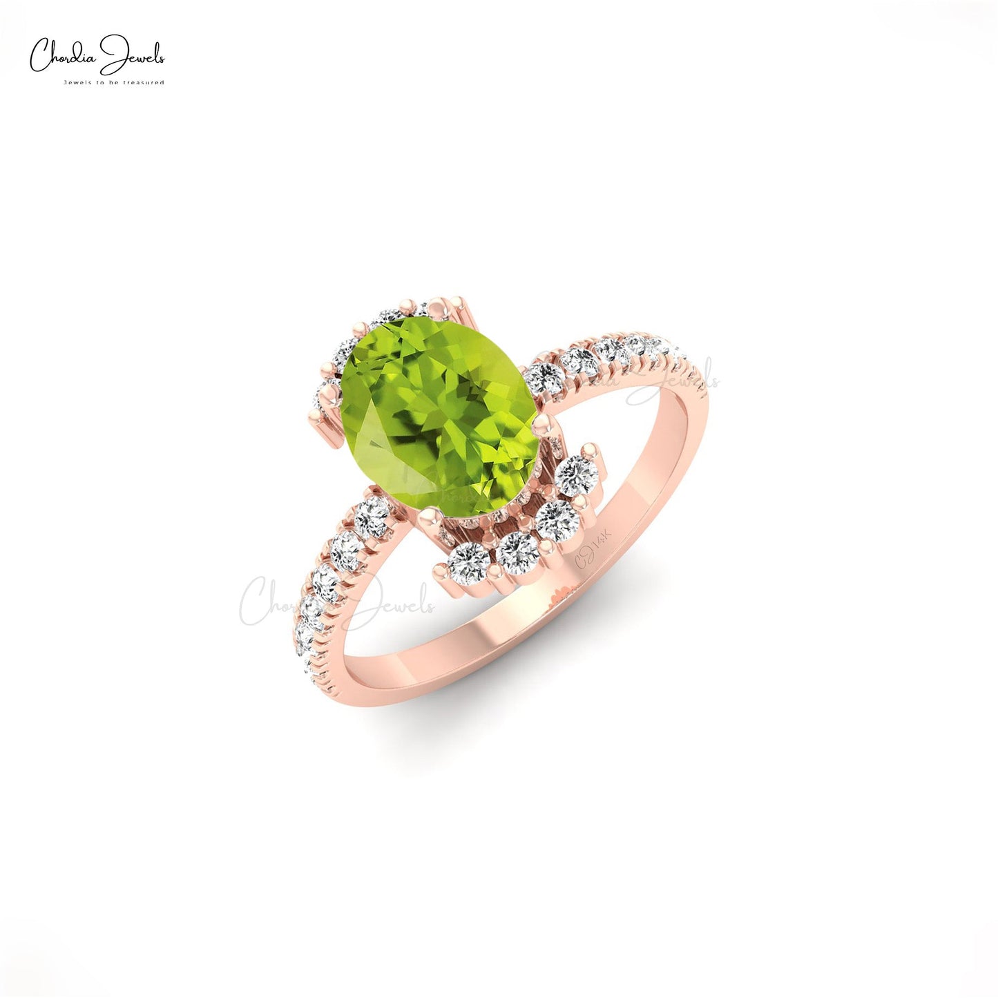Real 14k Gold Oval Shaped Green Peridot Ring for Wedding with Diamond Side Stone