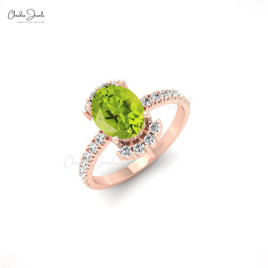 Real 14k Gold Oval Shaped Green Peridot Ring for Wedding with Diamond Side Stone