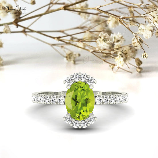 Real 14k Gold Oval Shaped Green Peridot Ring for Wedding with Diamond Side Stone