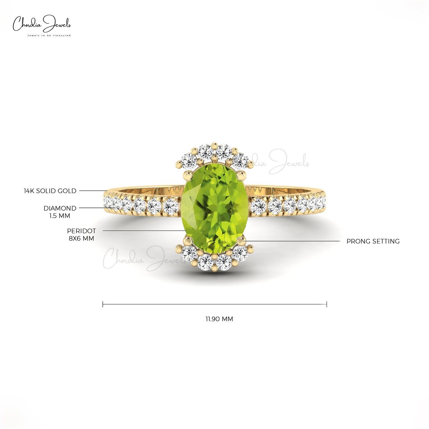 Real 14k Gold Oval Shaped Green Peridot Ring for Wedding with Diamond Side Stone