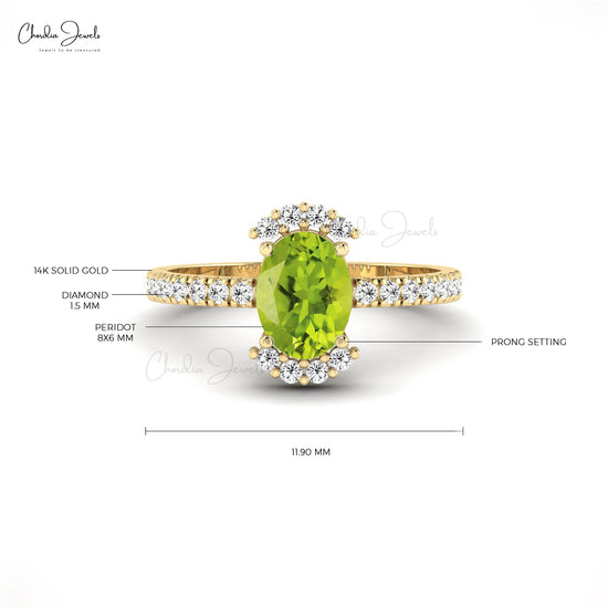 Real 14k Gold Oval Shaped Green Peridot Ring for Wedding with Diamond Side Stone