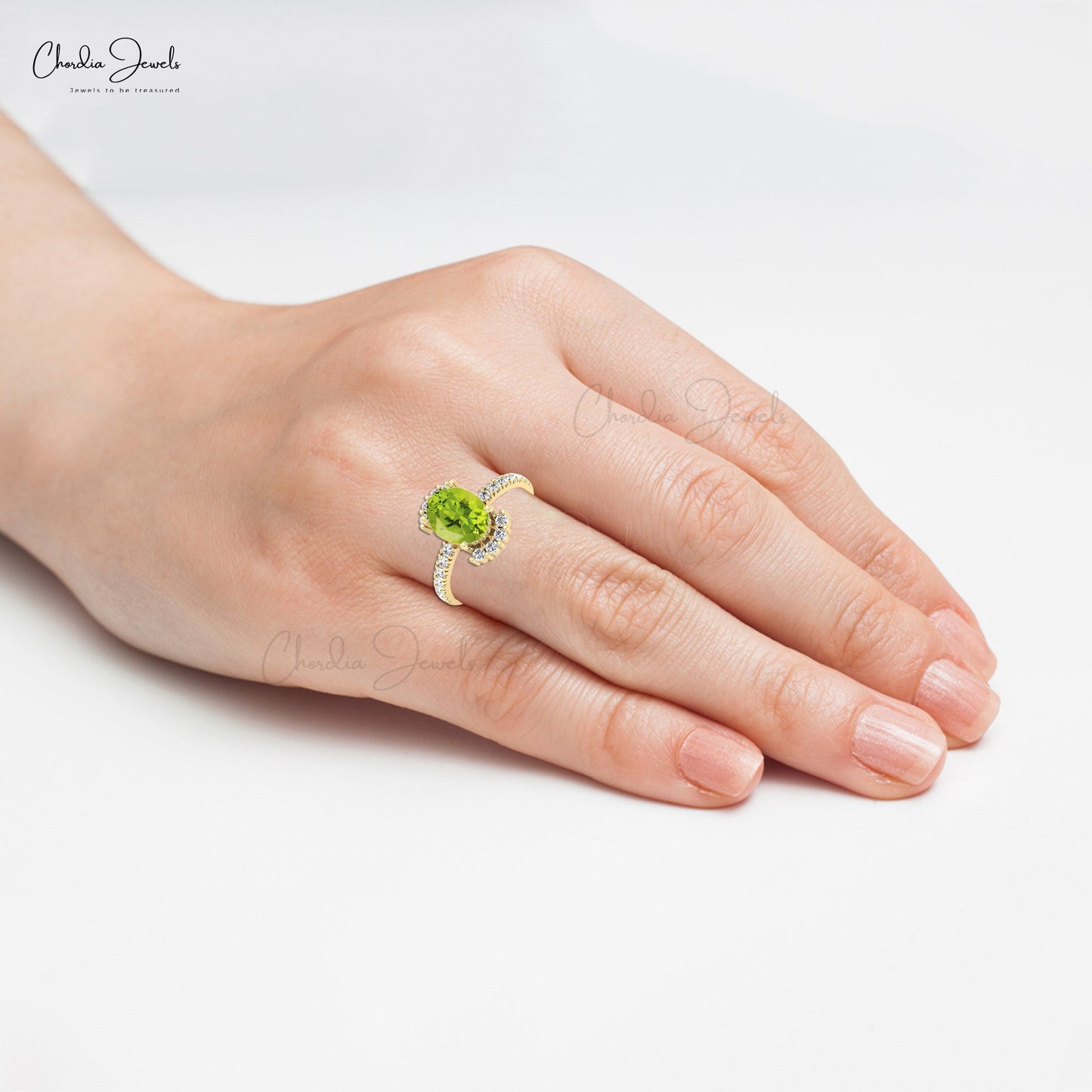 Real 14k Gold Oval Shaped Green Peridot Ring for Wedding with Diamond Side Stone