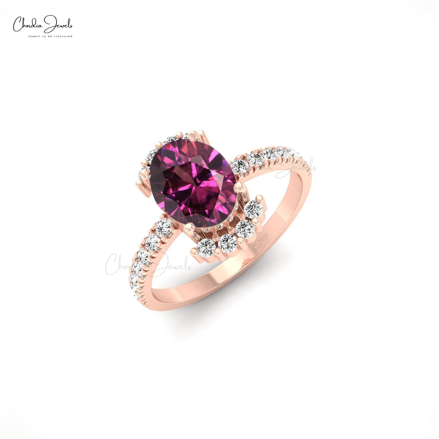 Brilliant Oval Cut Rhodolite Garnet Diamond Half Halo Engagement Wedding Ring