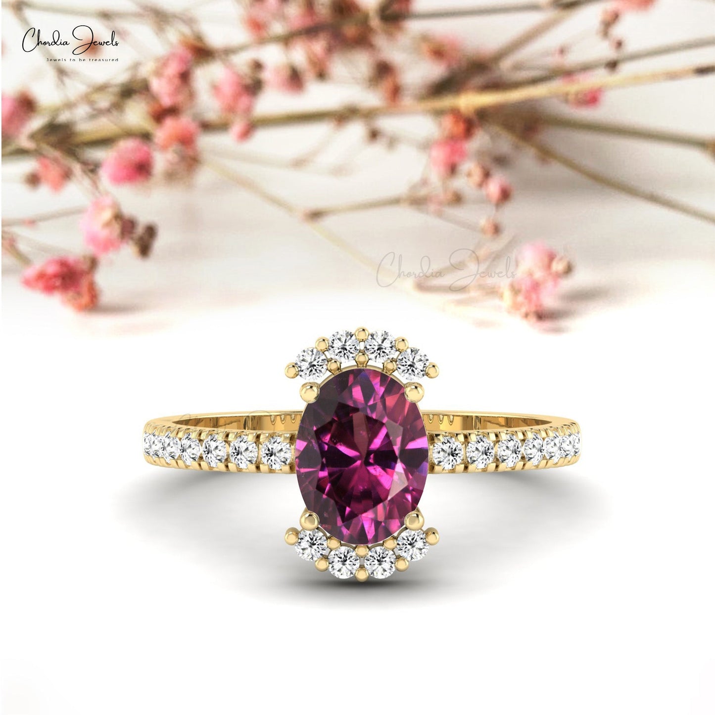 Brilliant Oval Cut Rhodolite Garnet Diamond Half Halo Engagement Wedding Ring