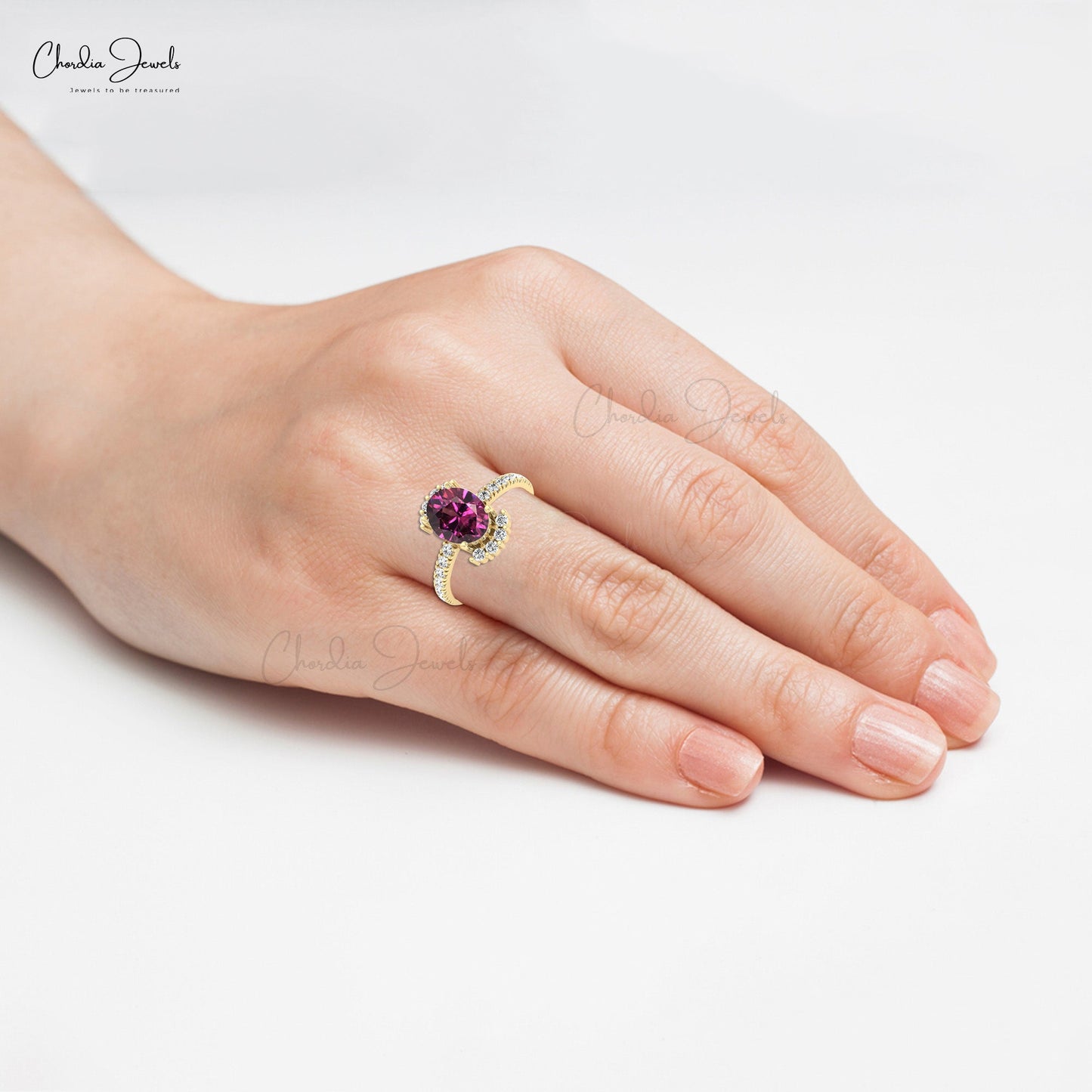 Brilliant Oval Cut Rhodolite Garnet Diamond Half Halo Engagement Wedding Ring