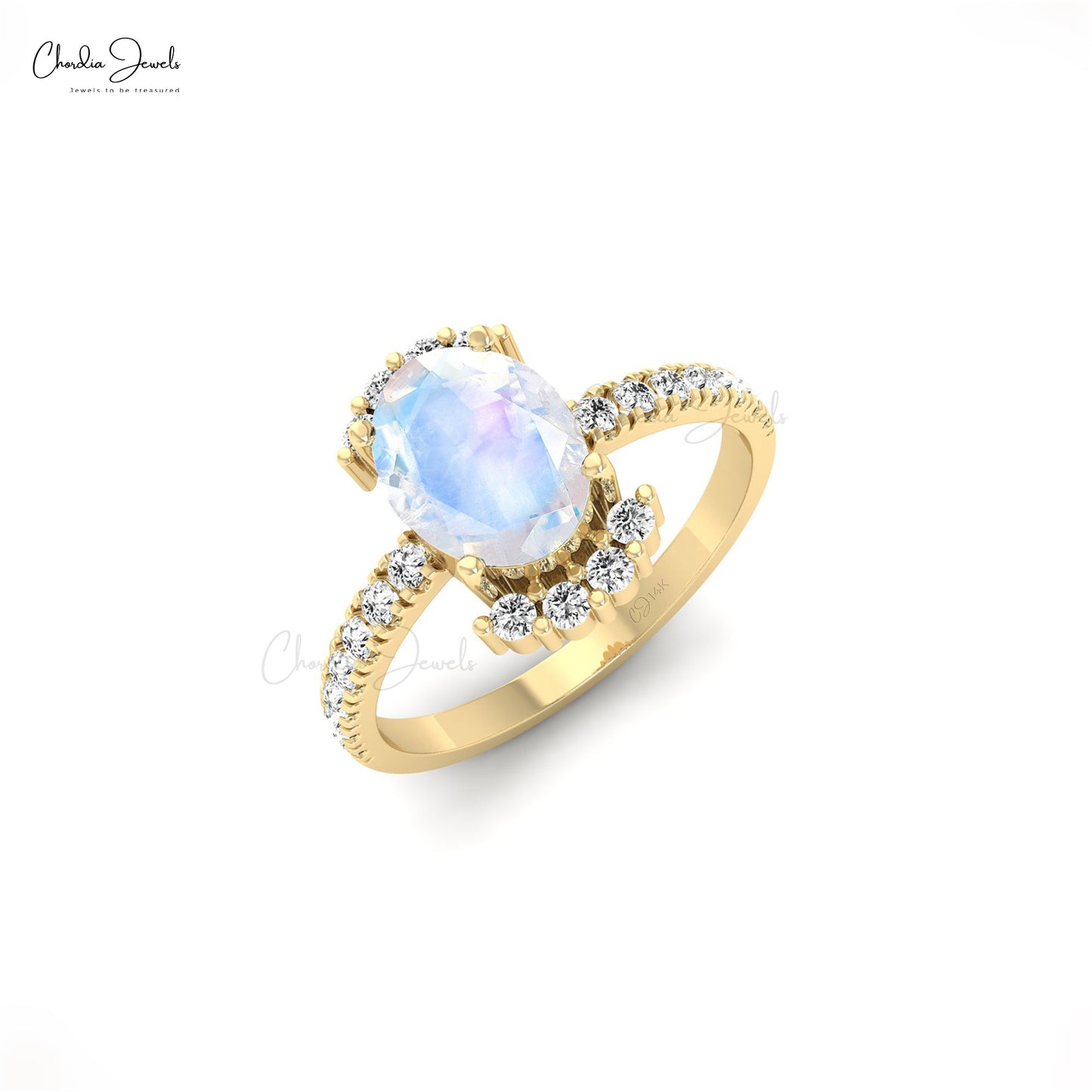 Natural Oval Cut Rainbow Moonstone Engagement Ring with Diamond Accent