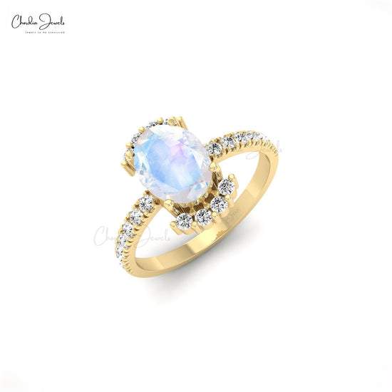 Natural Oval Cut Rainbow Moonstone Engagement Ring with Diamond Accent