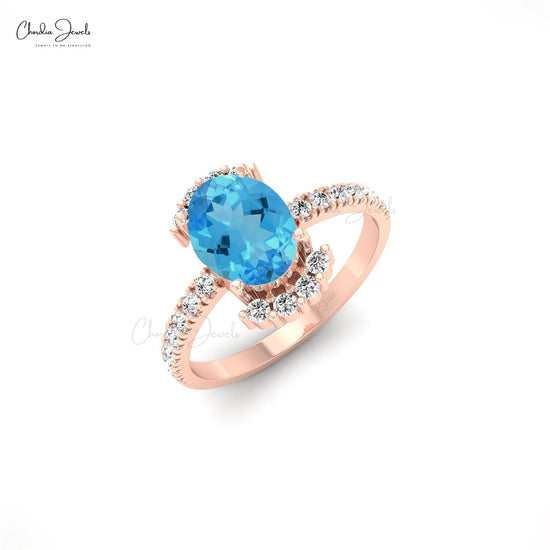 14k Gold Natural Swiss Blue Topaz Diamond Side Stone Engagement Ring