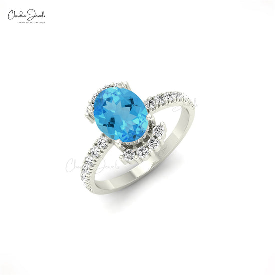 14k Gold Natural Swiss Blue Topaz Diamond Side Stone Engagement Ring