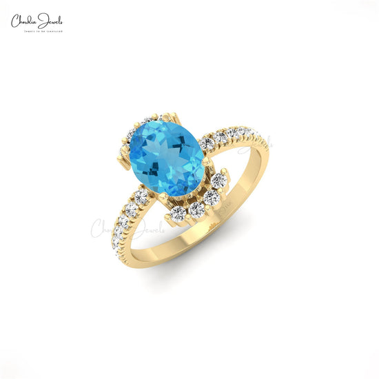 14k Gold Natural Swiss Blue Topaz Diamond Side Stone Engagement Ring