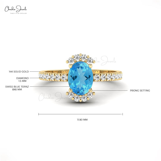 14k Gold Natural Swiss Blue Topaz Diamond Side Stone Engagement Ring