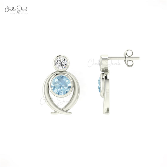 AAA Aquamarine 5mm Round Cut Accented Earrings In 14k Solid Gold