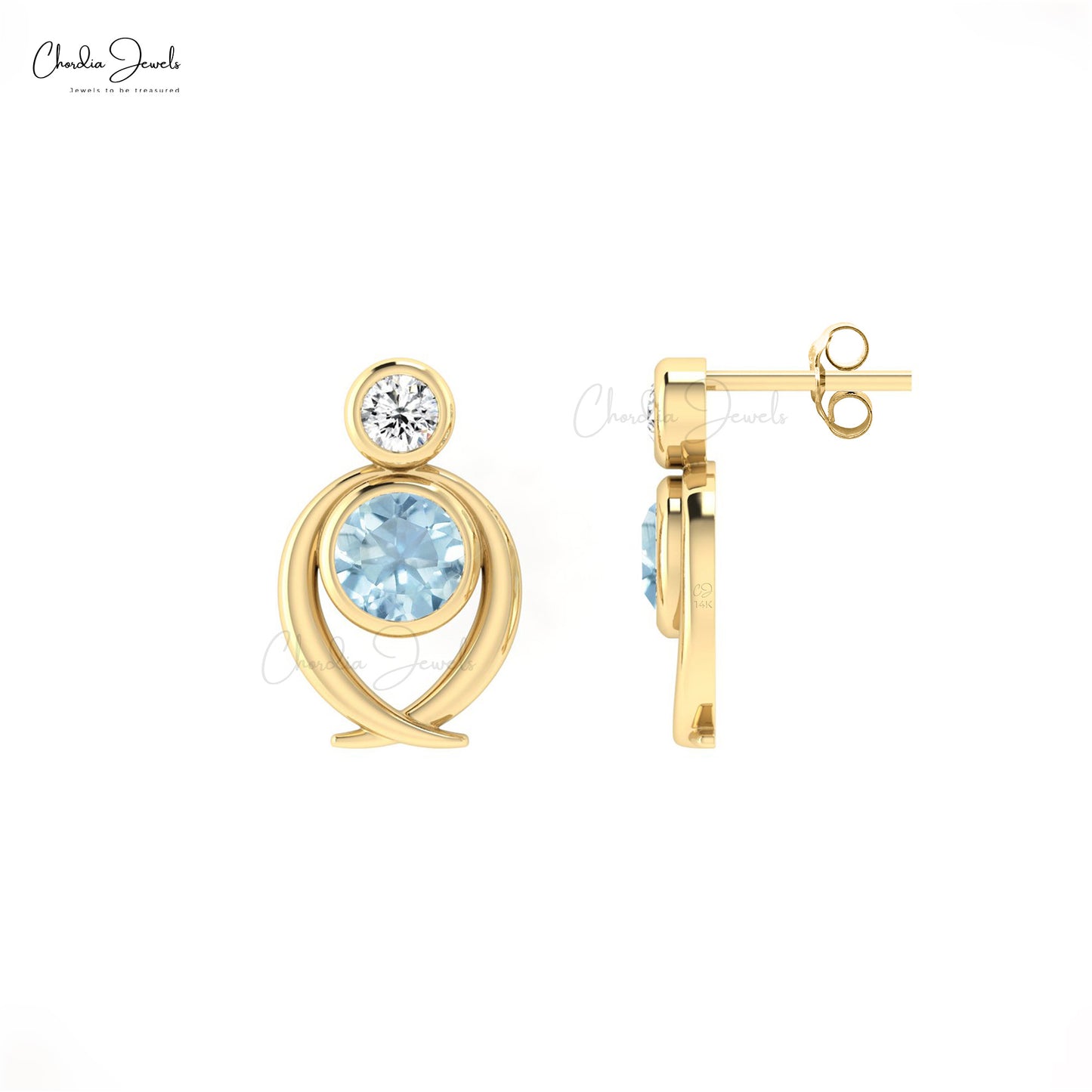 AAA Aquamarine 5mm Round Cut Accented Earrings In 14k Solid Gold