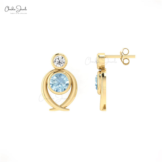 AAA Aquamarine 5mm Round Cut Accented Earrings In 14k Solid Gold