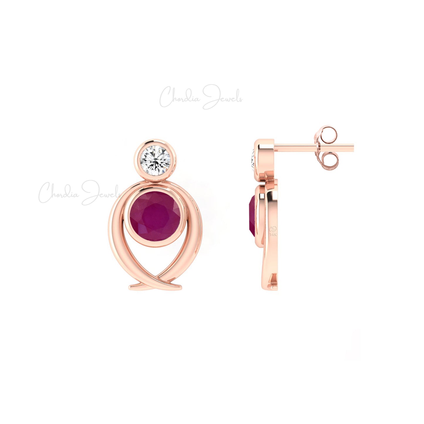 Genuine 5mm Round Cut Ruby Diamond Accented Studs Earrings in 14k Gold