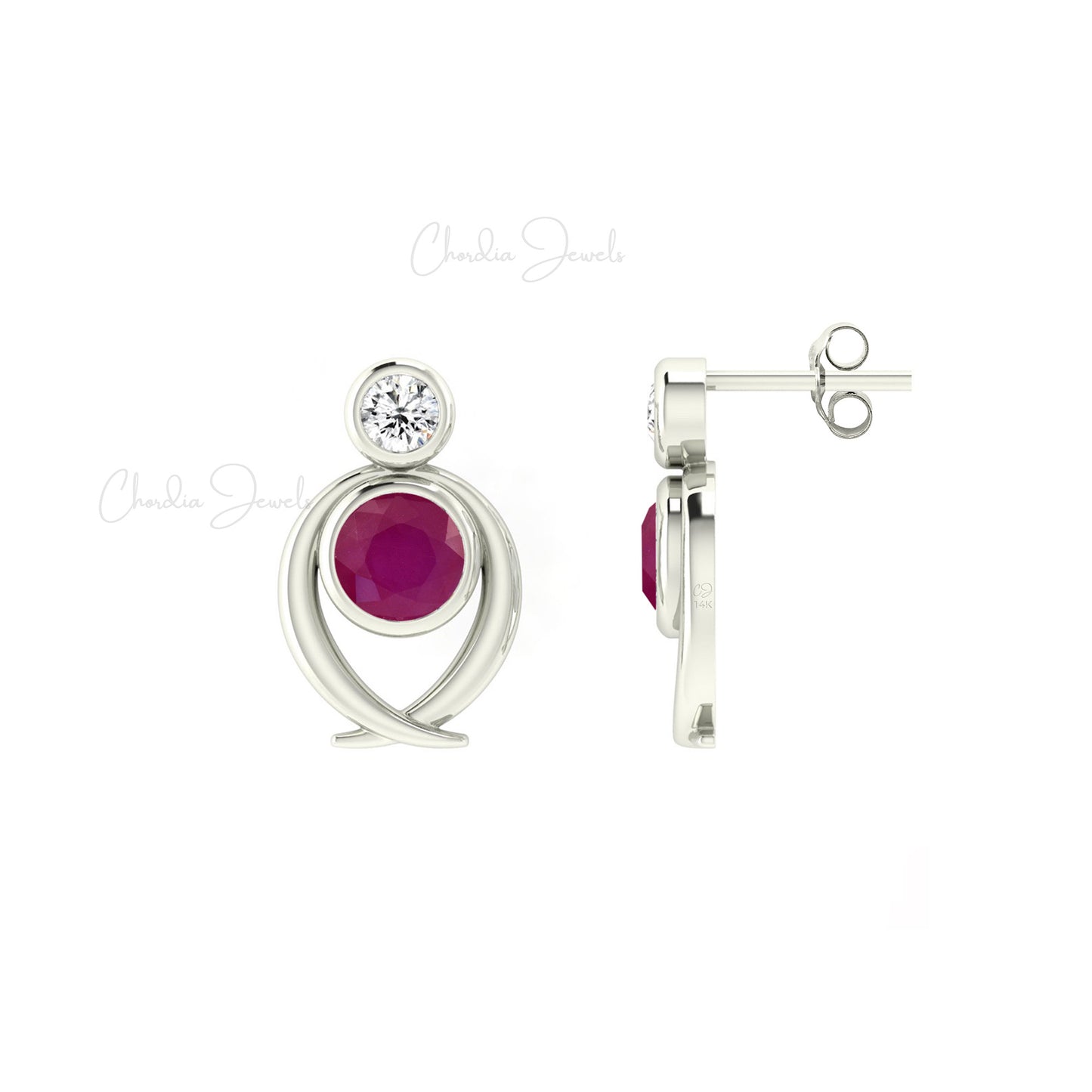 Genuine 5mm Round Cut Ruby Diamond Accented Studs Earrings in 14k Gold
