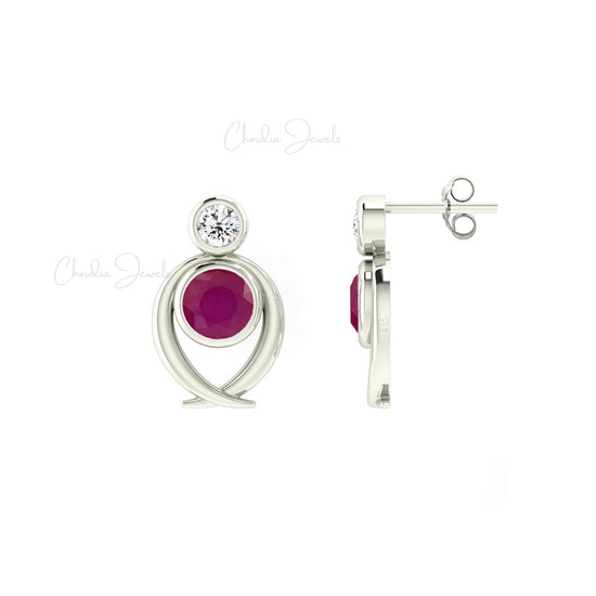 Genuine 5mm Round Cut Ruby Diamond Accented Studs Earrings in 14k Gold