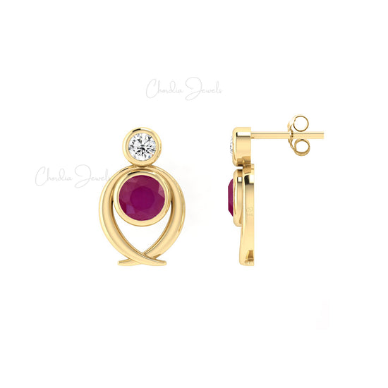Load image into Gallery viewer, Genuine 5mm Round Cut Ruby Diamond Accented Studs Earrings in 14k Gold
