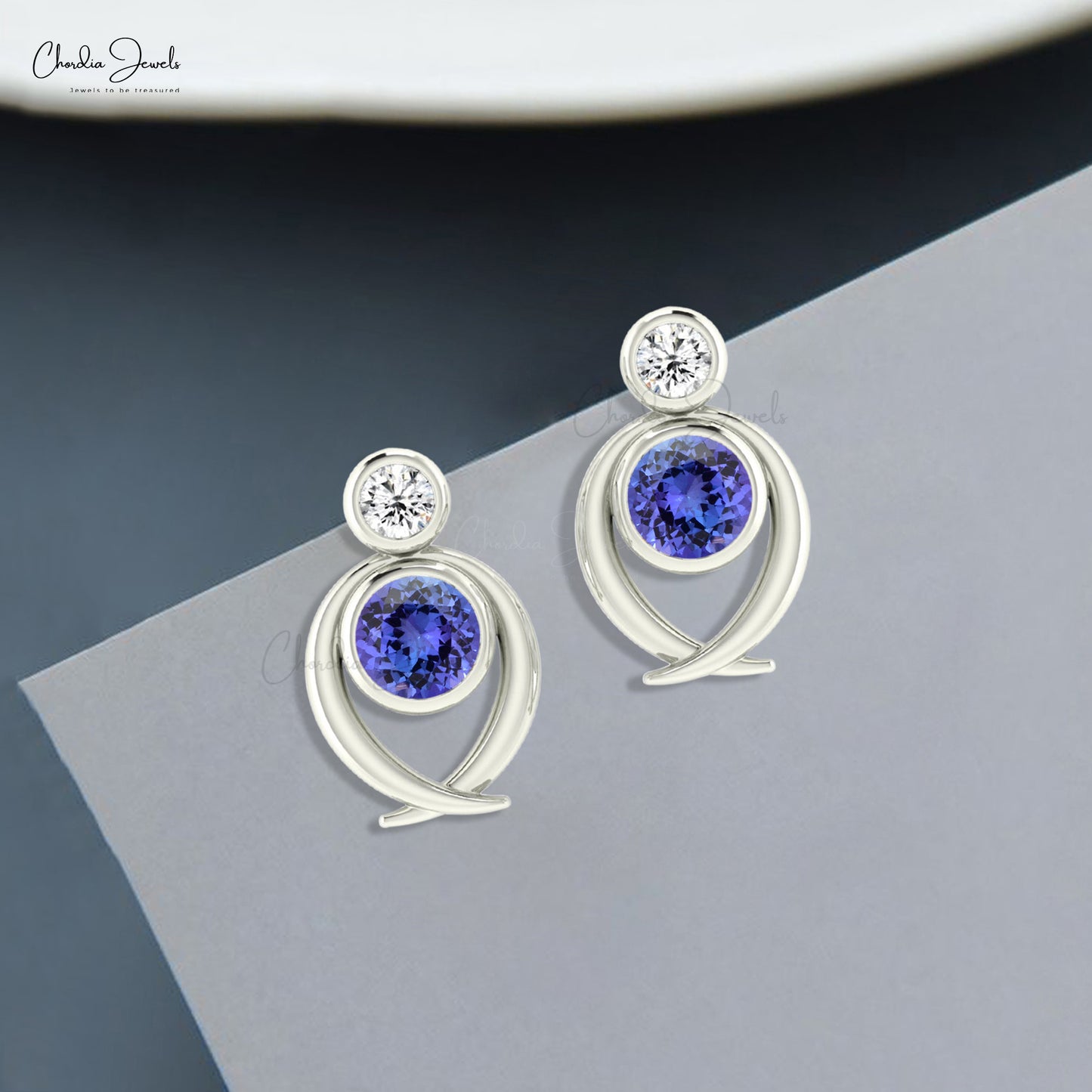 Round 5mm Cut Authentic Tanzanite 2-Stone Stud Earrings With Push Back 14k Solid Gold Bezel Set White Diamond Studs Fine Jewelry For Gift