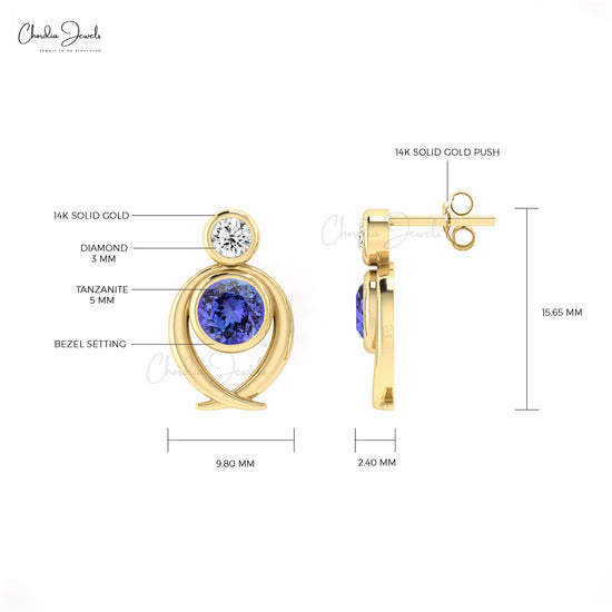 Round 5mm Cut Authentic Tanzanite 2-Stone Stud Earrings With Push Back 14k Solid Gold Bezel Set White Diamond Studs Fine Jewelry For Gift