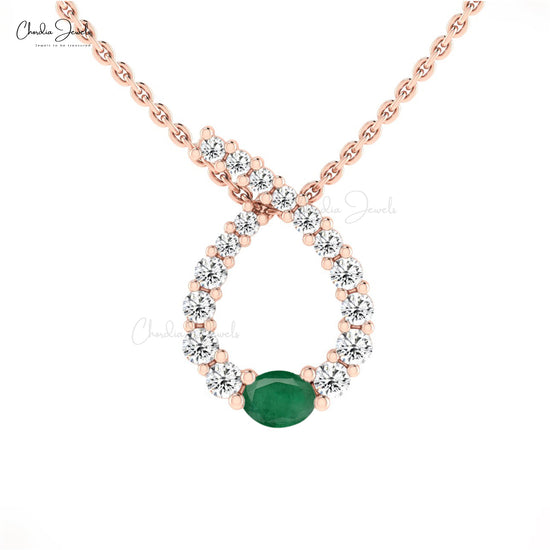 Dazzling Twisted Pendant With Emerald & Diamond 14k Solid Gold Prong Set Birthstone Pendant