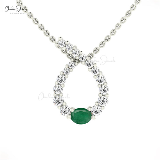Natural Emerald Gemstone Twisted Pendant 14k Solid Gold White Diamond Pendant For Her