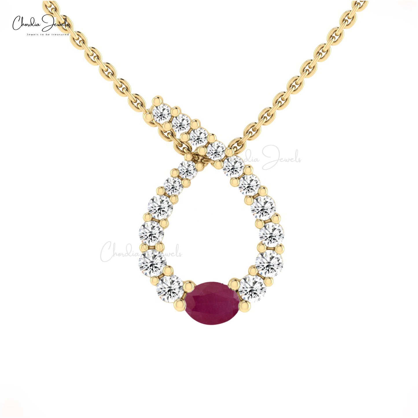 Natural Ruby 4X3mm Oval Cut Handmade Pendant 14k Solid Gold White Diamond Pendant For July Birthstone