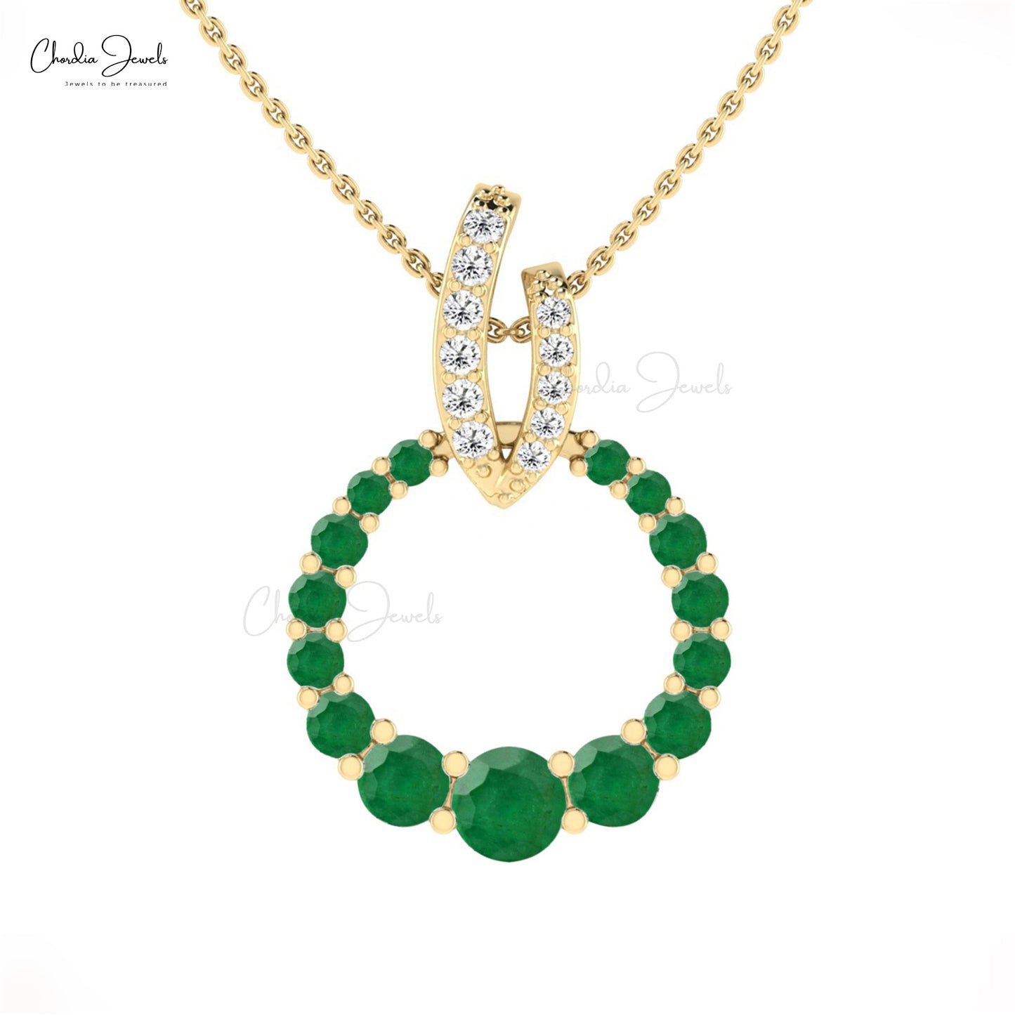 Circle Pendant With Emerald & Diamond Accents 14k Solid Gold Statement Pendant For Her