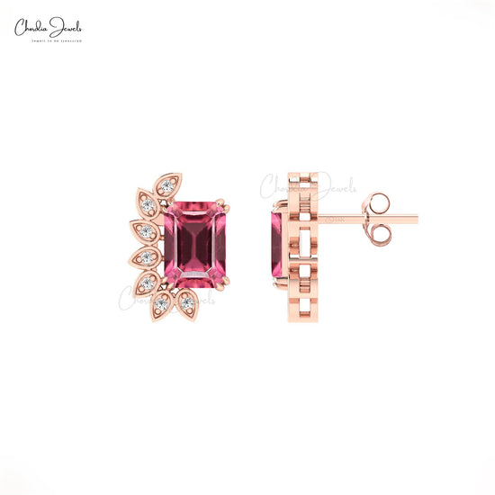 Natural Pink Tourmaline Prong Set Earrings 14k Solid Gold Diamond Earrings For October Birthstone