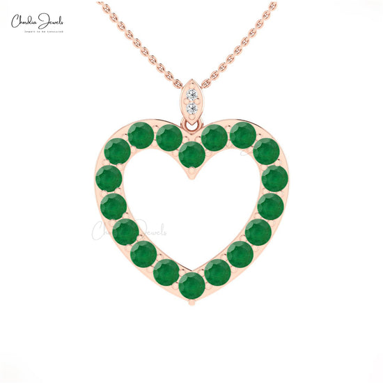 Hollow Heart Pendant With Emerald Gemstone Solid 14k Gold Diamond Pave Set Handmade Pendant