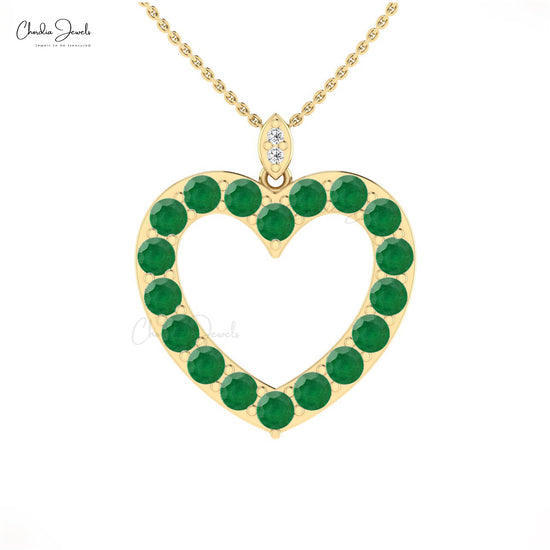 Genuine Emerald Open Heart Pendant 14k Solid Gold Diamond Pendant For May Birthstone