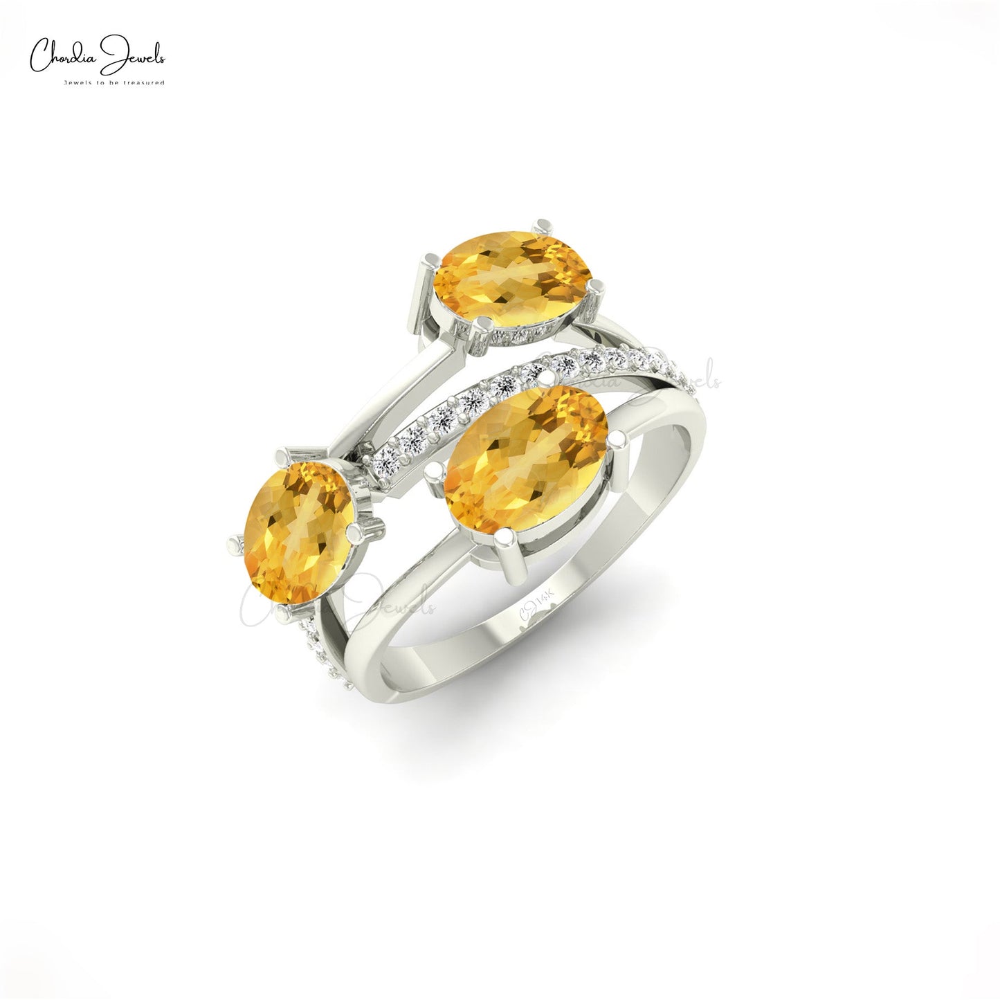 14K Solid Gold Stunning Citrine And Diamond Three-Stone Ring For Wedding