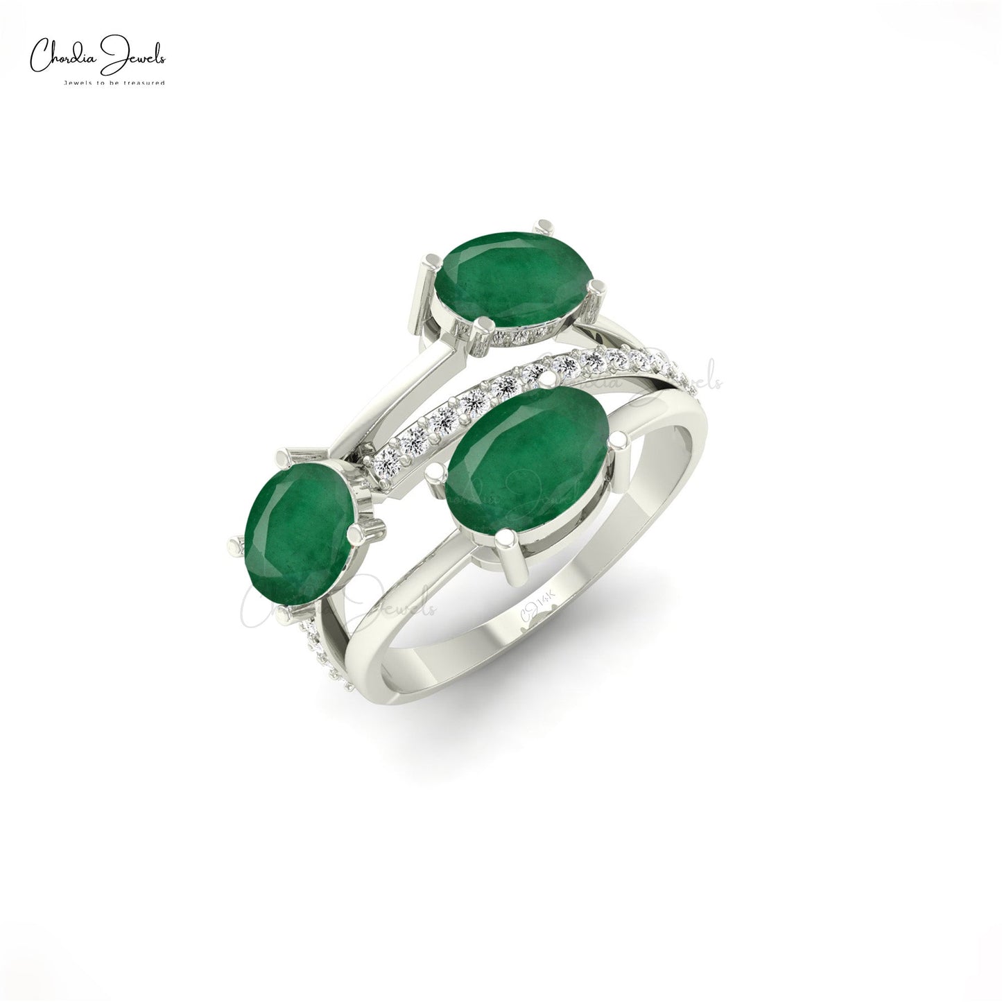 Split Shank Crossover Ring With Emerald Gemstone 14k Solid Gold Diamond Studded Dainty Ring