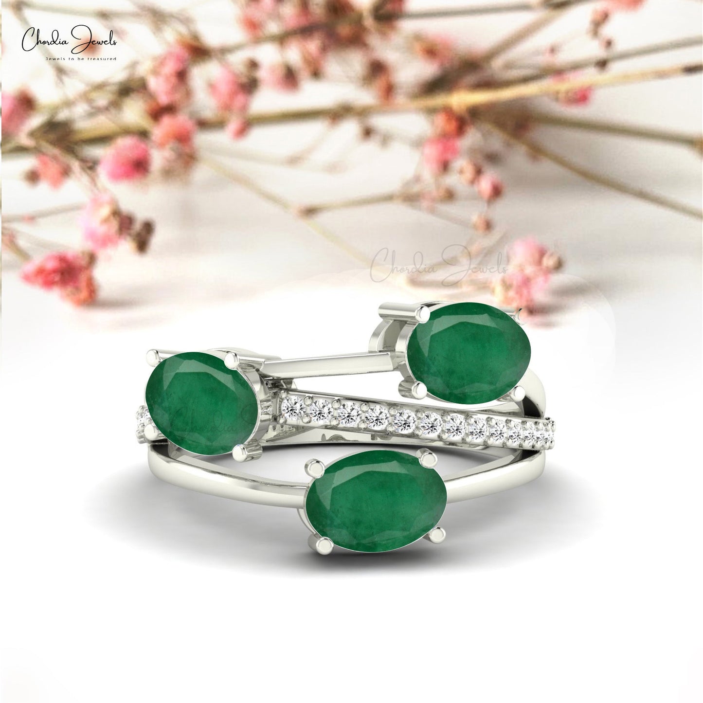 Split Shank Crossover Ring With Emerald Gemstone 14k Solid Gold Diamond Studded Dainty Ring