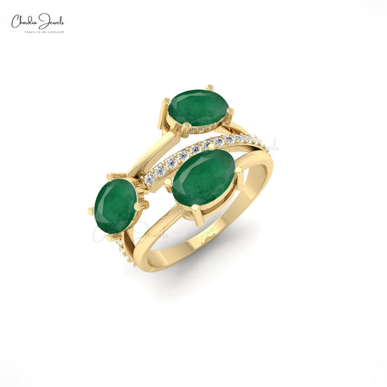 Split Shank Crossover Ring With Emerald Gemstone 14k Solid Gold Diamond Studded Dainty Ring