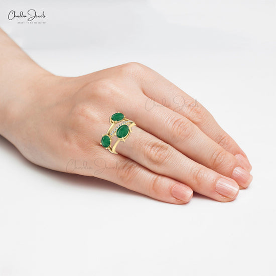 Split Shank Crossover Ring With Emerald Gemstone 14k Solid Gold Diamond Studded Dainty Ring