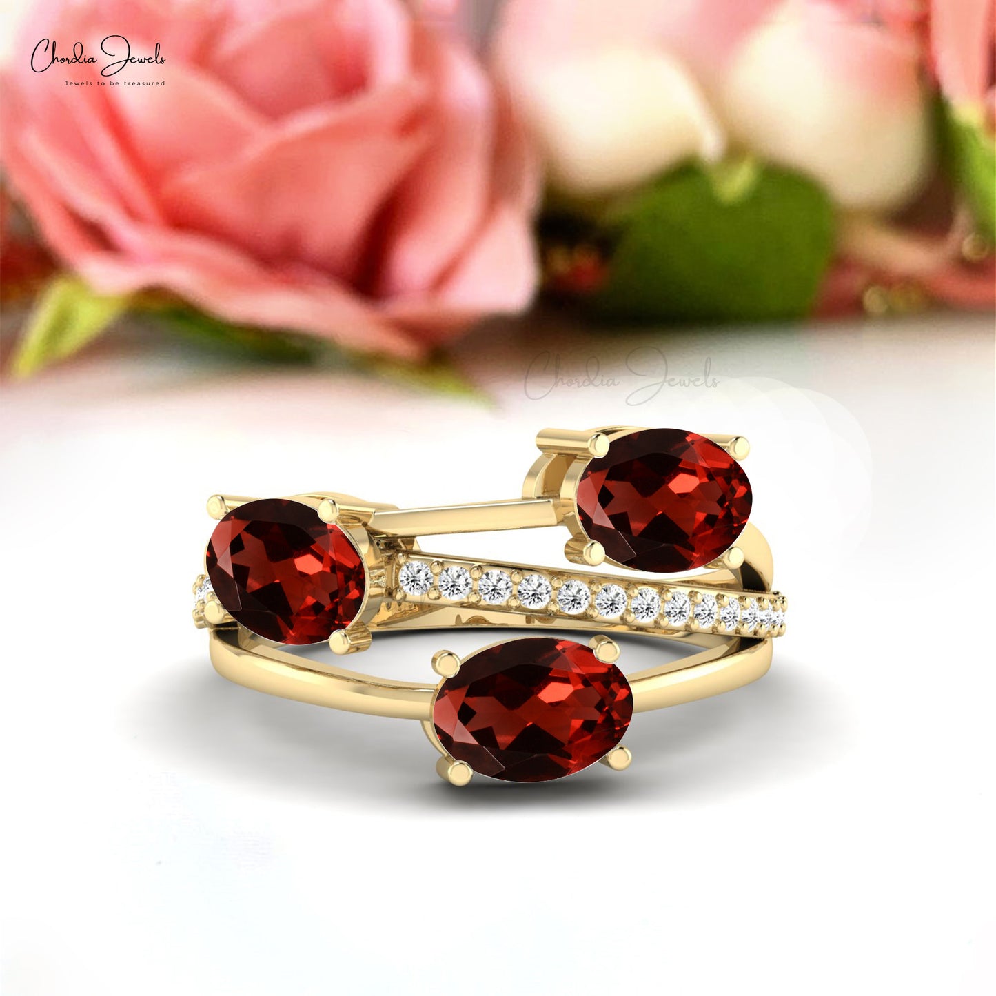 Gold Crossover Wedding Ring with Garnet and Diamond Stones