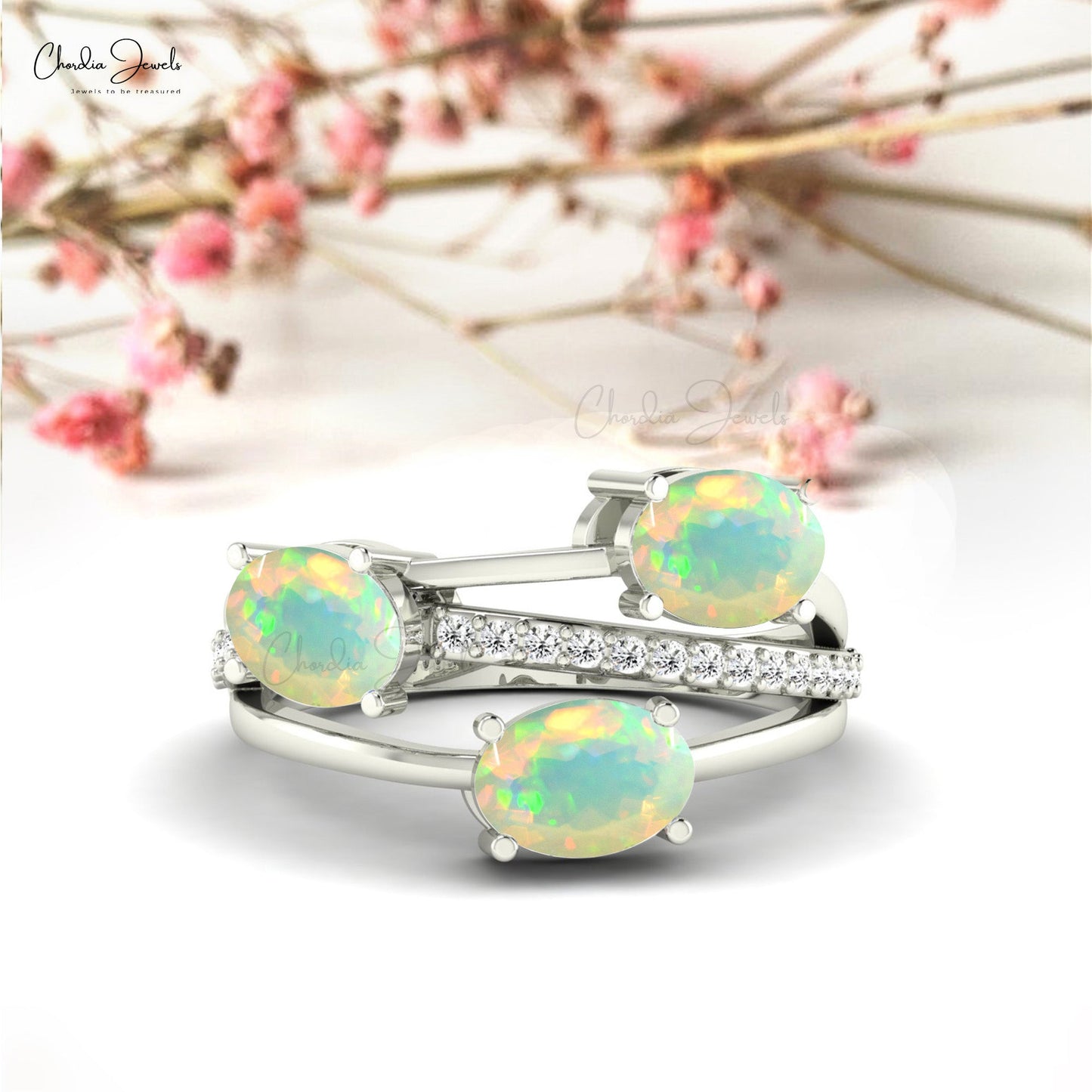 Oval-Cut Real Opal Stone Crossover Ring With Diamond Accent For Engagement