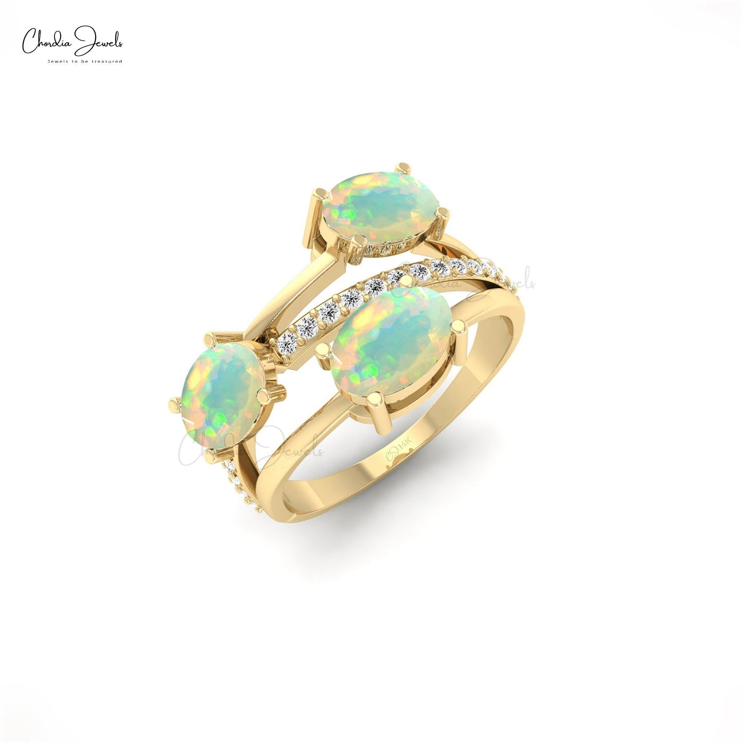 Oval-Cut Real Opal Stone Crossover Ring With Diamond Accent For Engagement