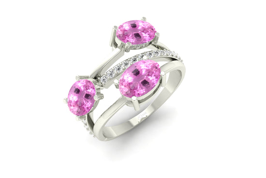 Load image into Gallery viewer, Cross Over 3-Stone Promise Ring with 7x5mm Oval Shape Genuine Pink Sapphire Gemstone 14k Solid Gold April Birthstone Diamond Split Shank Ring For Wife
