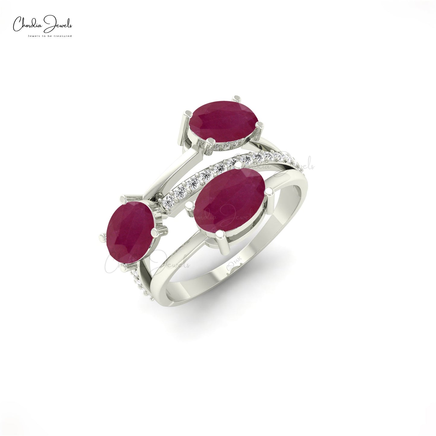 Crossover Oval Cut Red Ruby Three Stone Wedding Ring With Diamond Accent