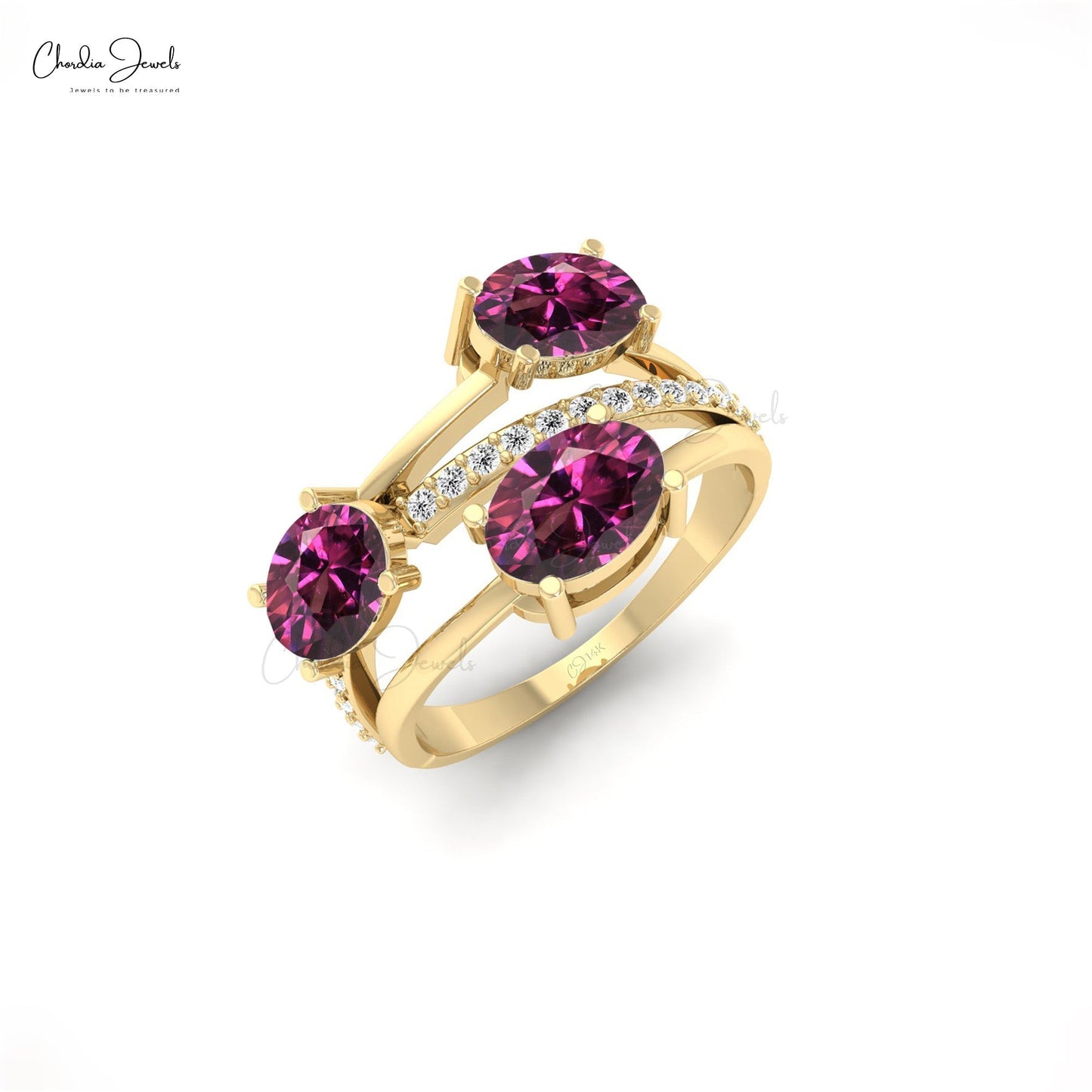 Classic 14k Gold Three-Stone Rhodolite Garnet Engagement Ring for Her