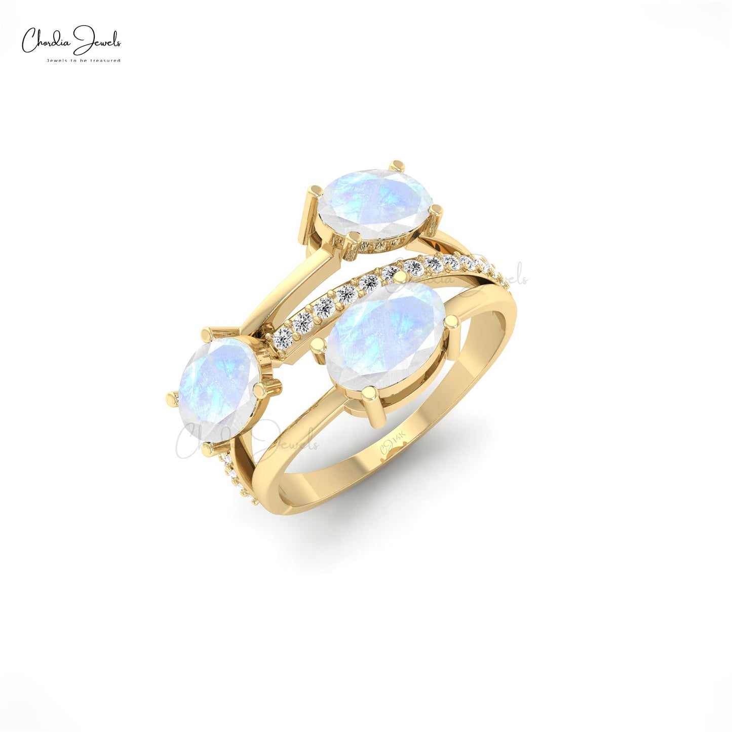 Natural Rainbow Moonstone and Diamond 14k Gold Crossover Ring for Wedding