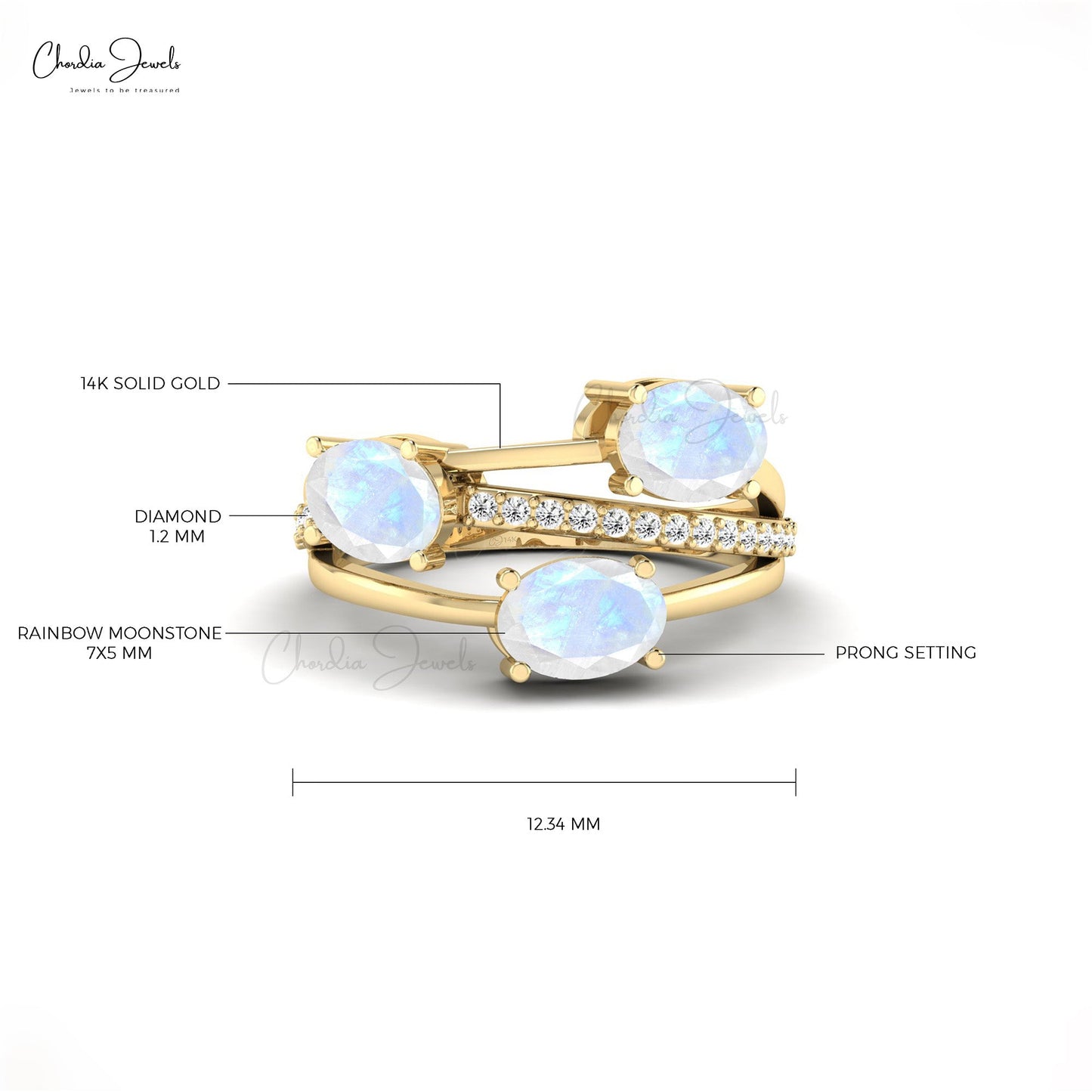 Natural Rainbow Moonstone and Diamond 14k Gold Crossover Ring for Wedding
