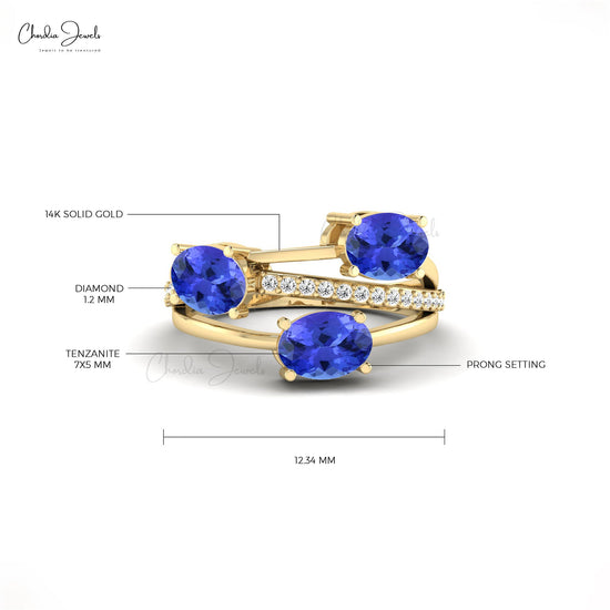 Crossover Three Stone Tanzanite Ring in 14k Solid Gold